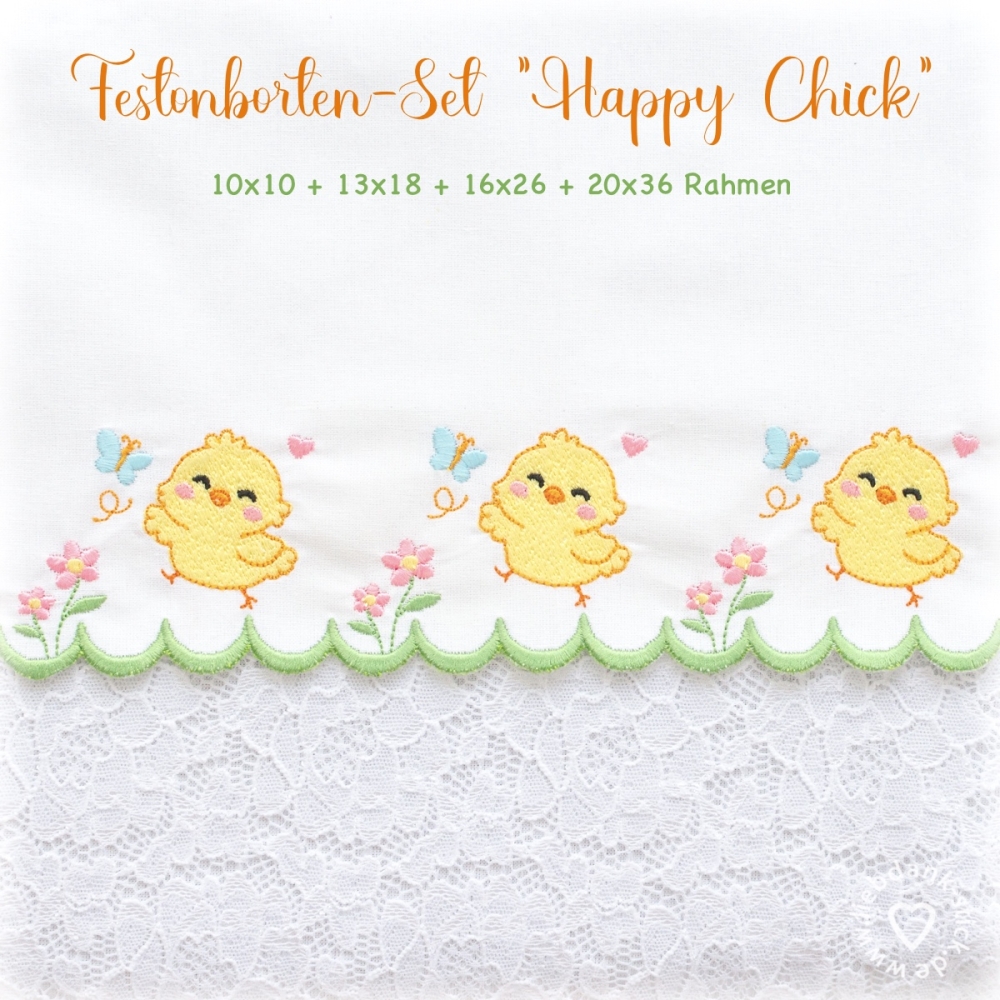 Bild 1 von Festonbortenset,  Happy Chick 10x10 + 13x18 + 16x26 + 20x36, Endlosornament, Endlosborte