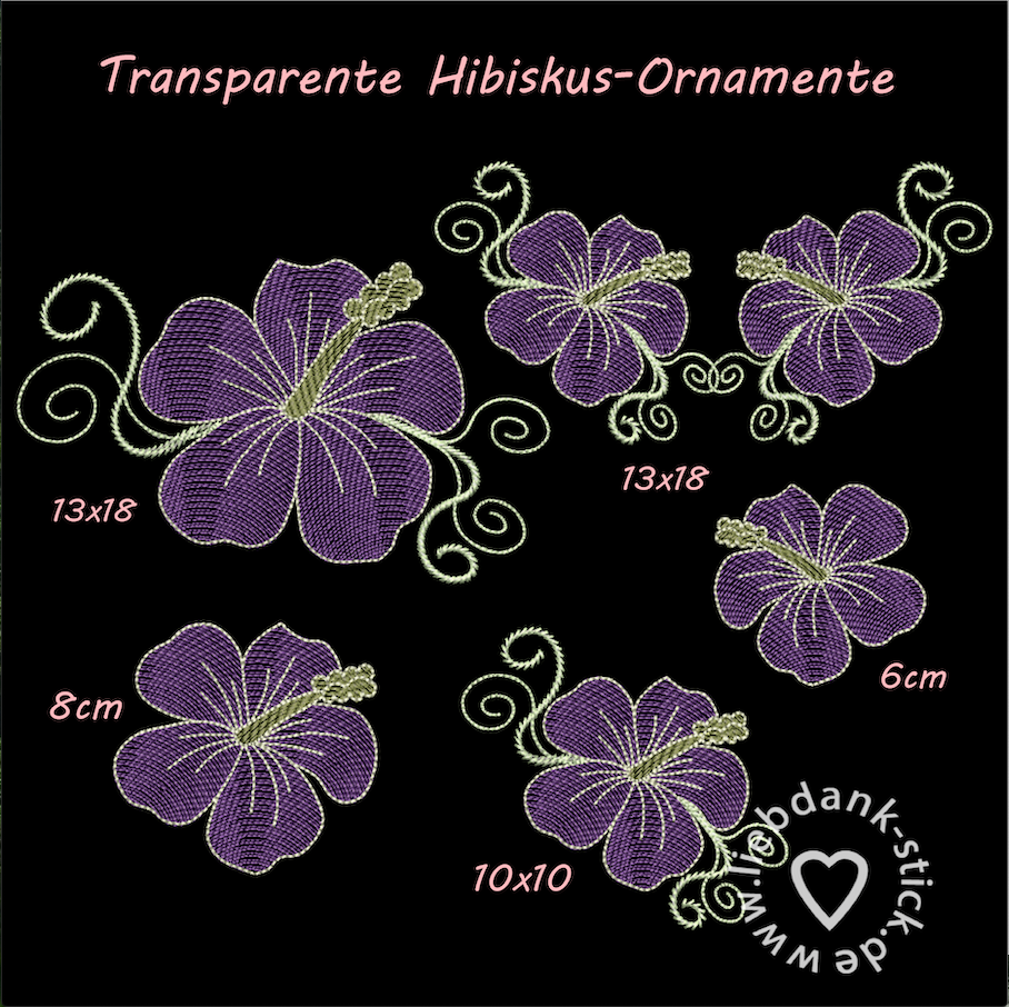 Bild 1 von Stickmuster - Set, Transparente Blumen, Hibiskus (5 Motive) 10x10 + 13x18 Rahmen