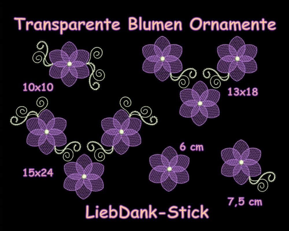 Bild 1 von Stickmuster - Set, Transparente Blumen (5 Motive) 10x10 + 13x18 + 15x24 Rahmen
