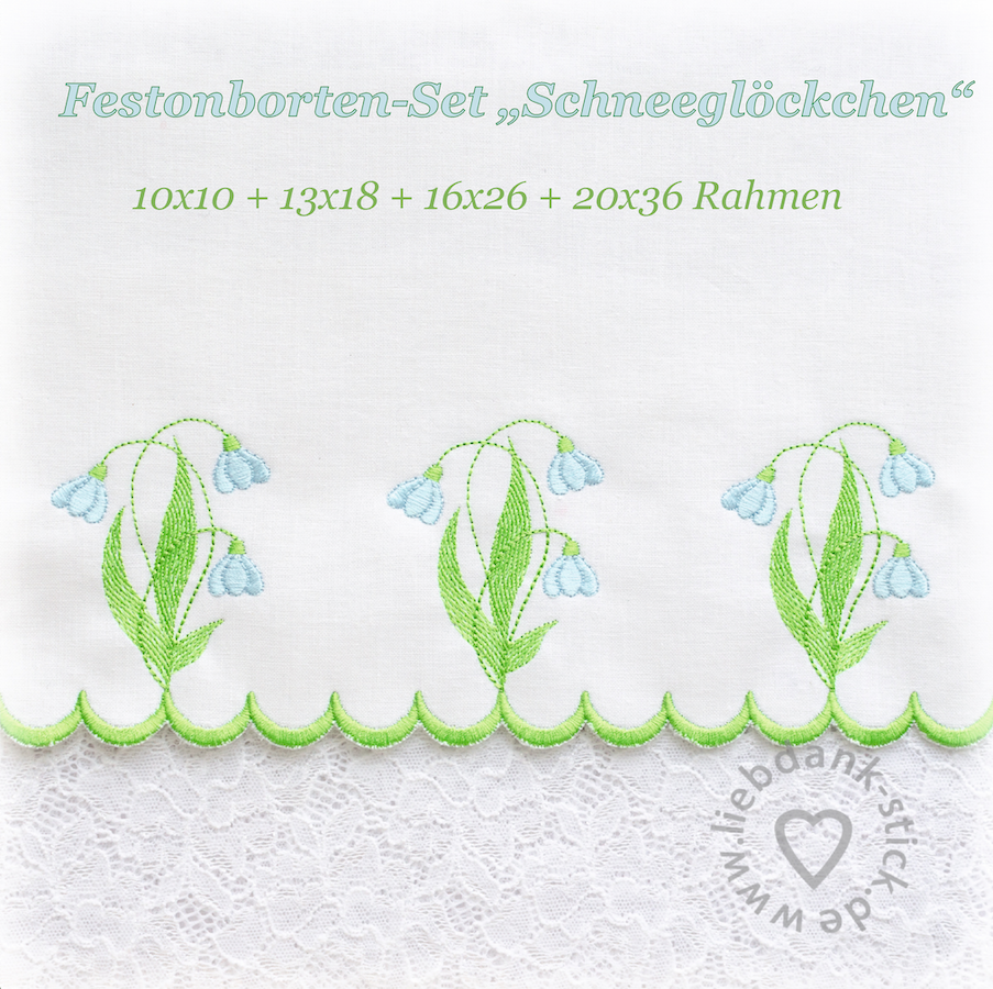 Bild 1 von  Festonborten-Set Schneeglöckchen 10x10 + 13x18 + 16x26 + 20x36, Endlosornament, Endlosborte